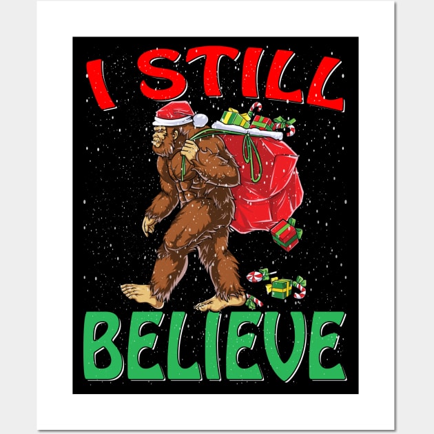 Bigfoot Sasquatch Yeti Believe santa hat Christmas Pajamas T-Shirt Wall Art by intelus